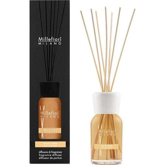 Millefiori Milano Natural Lime & Vetiver - Limetka a vetiver Difuzér 100 ml + 7 stebiel v dĺžke 25 cm do menších priestorov vydrží 5-6 týždňov