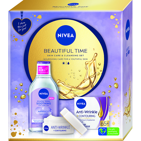 Nivea Beautiful Time Soothing Aminoacid Complex upokojujúca micelárna voda 400 ml + denný krém proti vráskam 65+ 50 ml, kozmetická sada pre ženy