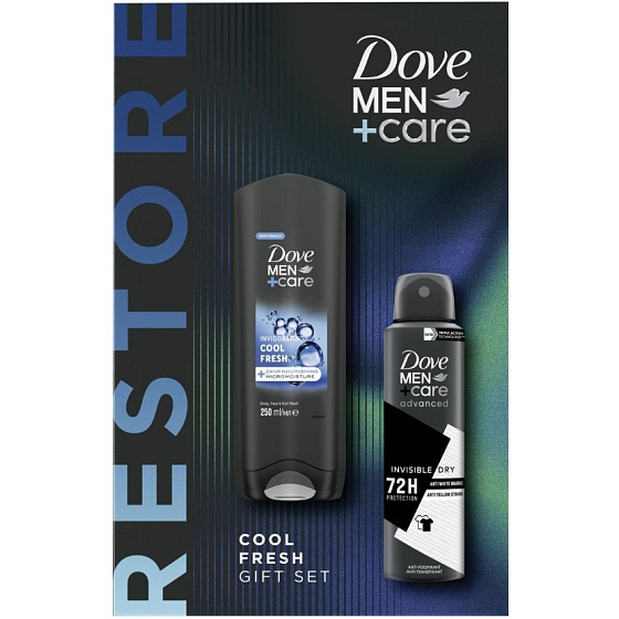 Dove Men Cool Fresh sprchový gél 250 ml + Invisible Dry antiperspirant sprej 150 ml, kozmetická sada pre mužov
