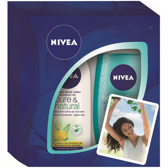 Nivea Pure Výživné telové mlieko 250 ml + sprchový gél Hawaiian Flower & Oil 250 ml, pre ženy kozmetická sada