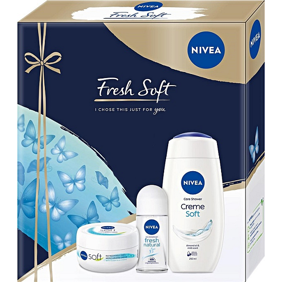 Nivea Fresh Soft Creme Soft sprchový gél 250 ml + Fresh Natural antiperspirant roll-on 50 ml + Soft hydratačný krém 100 ml, kozmetická sada