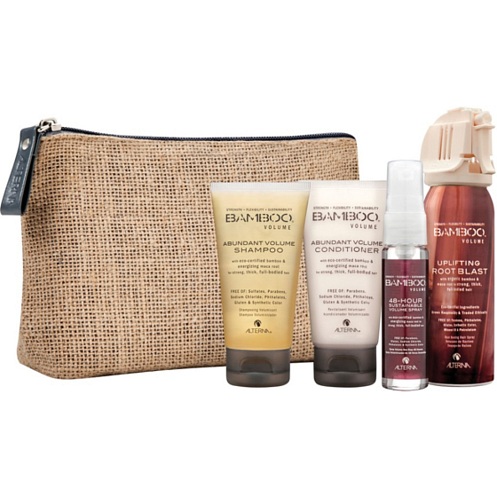 Alterna Bamboo Volume Transformation Kit Abundant šampón 40 ml, Abundant Volume kondicionér 40 ml, Uplifting sprej 75 ml, Sustainable Volume sprej 25 ml, pre maximálny objem cestovná darčeková sada