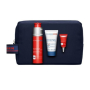 Clarins Men Energizing Essentials energizujúci gél na tvár 50 ml + čistiaci penivý gél 30 ml + energizujúci očný gél-krém proti známkam únavy 3 ml + kozmetická taška, kozmetická sada pre mužov