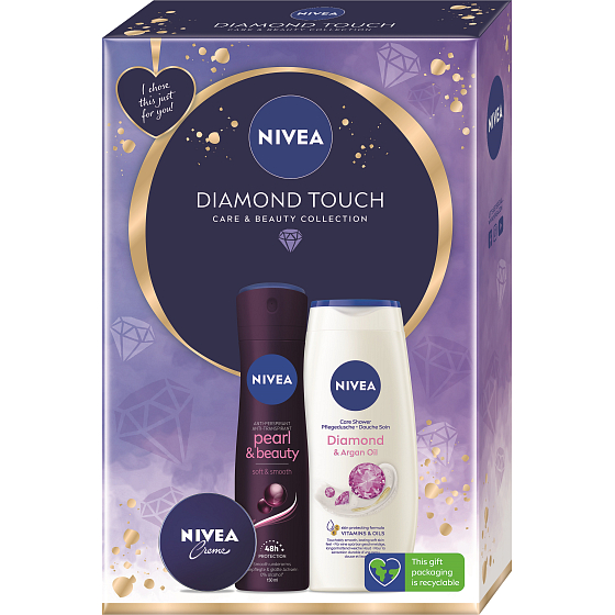 Nivea Diamond Touch krém na základnú starostlivosť 30 ml + antiperspirant dezodorant v spreji Pearl & Beauty 150 ml + sprchový gél Diamond & Argan Oil 250 ml, kozmetická sada pre ženy