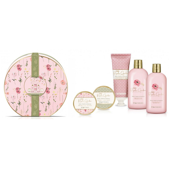 Baylis & Harding Rose, Poppy and Vanilla sprchový gél 300 ml + sprchový krém 300 ml + krém na ruky 130 ml + telové maslo 100 ml + kryštály do kúpeľa 100 g, kozmetická sada pre ženy