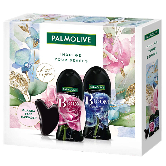 Palmolive Sparkling Bloom Midnight Rose & Iced Peony sprchový gél 250 ml + Enchanted Orchid & Warm Vanilla sprchový gél 250 ml + masážna pomôcka Gua sha na tvár, kozmetická sada pre ženy