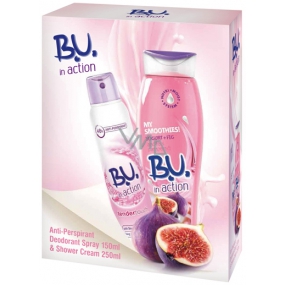 B.U. In Action Tender Touch antiperspiračný dezodorant v spreji pre ženy 150 ml + In Action Jogurt + Fig sprchový gél 250 ml, kozmetická sada