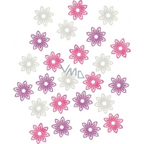 Kvety drevené fialová, biela, ružová 2 cm 24 kusov