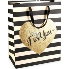 Ditipo Darčeková papierová taška Glitter 26,4 x 13,6 x 32,7 cm čierno-béžové pruhy, zlaté srdce QAB