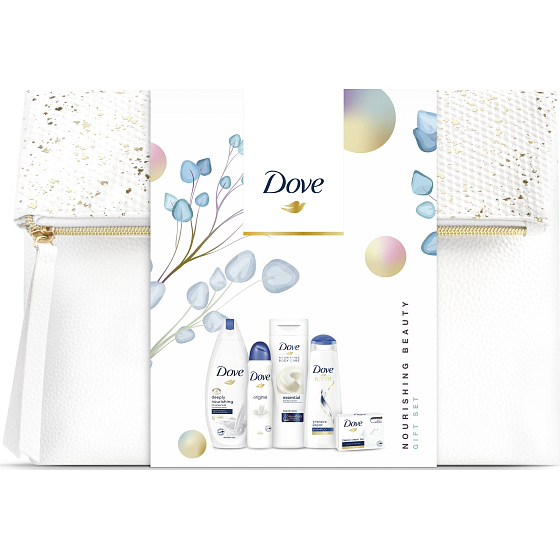 Dove Nourishing Deeply vyživujúci sprchový gél pre ženy 250 ml + tuhé mydlo 100 g + antiperspirant sprej 150 ml + telové mlieko 250 ml + šampón na vlasy 250 ml, kozmetická sada