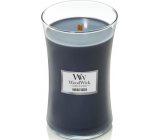 WoodWick Indigo Suede - Modrá semišová vonná sviečka s dreveným knôtom a skleneným viečkom veľká 609 g