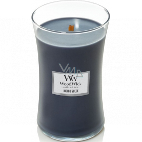 WoodWick Indigo Suede - Modrá semišová vonná sviečka s dreveným knôtom a skleneným viečkom veľká 609 g