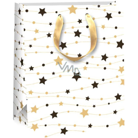 Ditipo Darčeková papierová taška 18 x 10 x 22,7 cm Vianočné trblietky biele, zlaté a čierne hviezdy