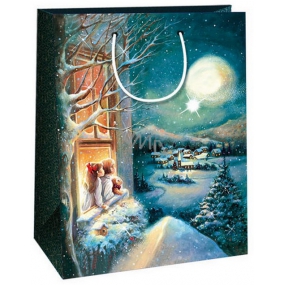 Ditipo Darčeková Kraftová taška 22 x 10 x 29 cm vianočný krajina, deti v okne