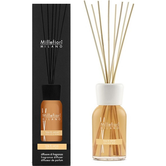 Millefiori Milano Natural Lime & Vetiver - Limetka a vetiver Difuzér 250 ml + 8 stebiel v dĺžke 30 cm do stredne veľkých priestorov vydrží minimálne 3 mesiace