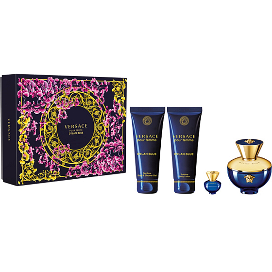 Versace Dylan Blue pour Femme parfumovaná voda 100 ml + telové mlieko 100 ml + sprchový gél 100 ml + parfumovaná voda 5 ml miniatúra, darčeková sada pre ženy