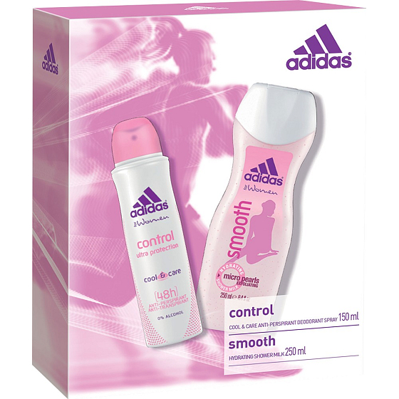 Adidas Control antiperspitant dezodorant sprej pre ženy 150 ml + Smooth sprchový gél 250 ml, kozmetická sada