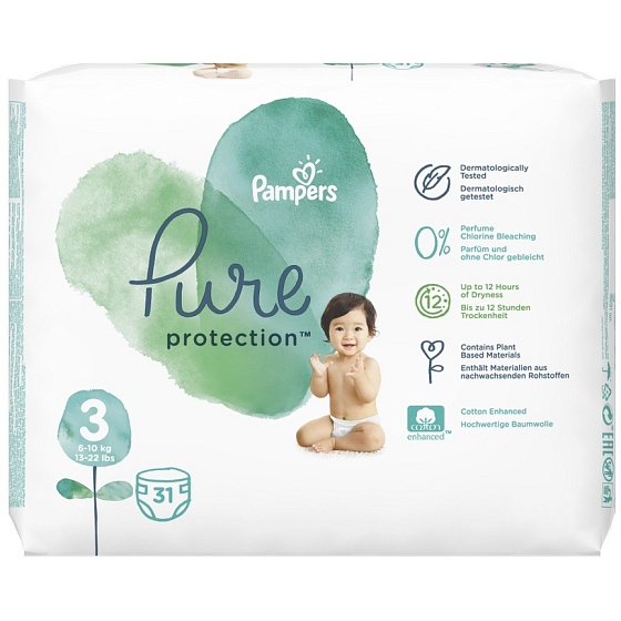 Pampers Pure Protection veľkosť 3, od 6-10 kg plienkové nohavičky 31 kusov
