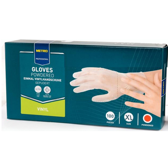 Metro Professional Rukavice jednorazové, Vinyl púdrované transparentný, veľkosť XL, box 100 kusov