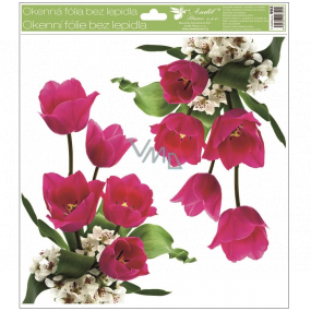 Okenné fólie bez lepidla rohová Tulipány ružové s glitrami 30 x 33,5 cm