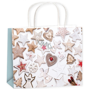 Darčeková papierová taška 23 x 18 x 10 cm Vianočné hviezdy, srdce, anjel