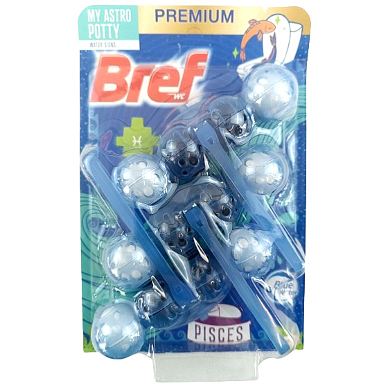 Bref Premium Water Signs 4 Pisces – WC blok, 3 x 50 g. WC blok pro hygienickou čistotu a svěžest toalety, zbarvuje vodu a je inspirovaný znamením Ryb.
