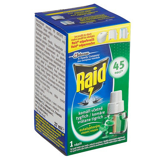 Raid elektrický odparovač s eukalyptovým olejom proti komárom náhradná náplň 45 nocí 27 ml