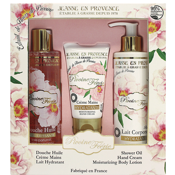 Jeanne en Provence Pivoine Feerie - Pivoňková víla krém na ruky 75 ml + telové mlieko 250 ml + sprchový olej 250 ml, kozmetická sada