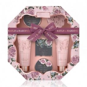 Baylis & Harding Okvetné lístky ruže sprchový krém 130 ml + tekuté telové mydlo 130 ml + kryštáliky do kúpeľa 100 g + mydlo 150 g + telové maslo 100 ml + žinka, kozmetická sada osemhran