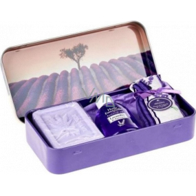Esprit Provence Levanduľové toaletné mydlo 60 g + vonné vrecúško + esenciálny olej 12 ml + plechová krabička s obrázkom stromu v levanduľovom poli, kozmetická sada pre ženy