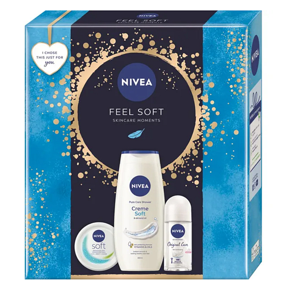 Nivea Feel Soft svieži hydratačný krém pre celé telo, tvár aj ruky 100 ml + Nivea Original Care guľôčkový antiperspirant roll-on 50 ml + Nivea Creme Soft sprchový gél 250 ml, kozmetická sada