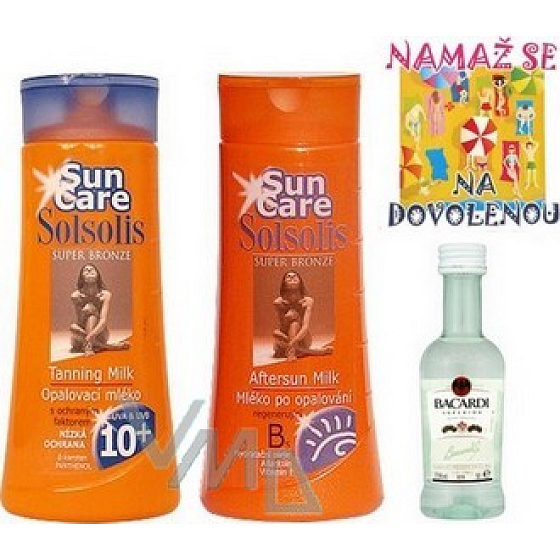 Bohemia Gifts Solsolis Sun Care OF10 opaľovacie mlieko 250 ml, mlieko po opaľovaní 250 ml, Bacardi 5 cl