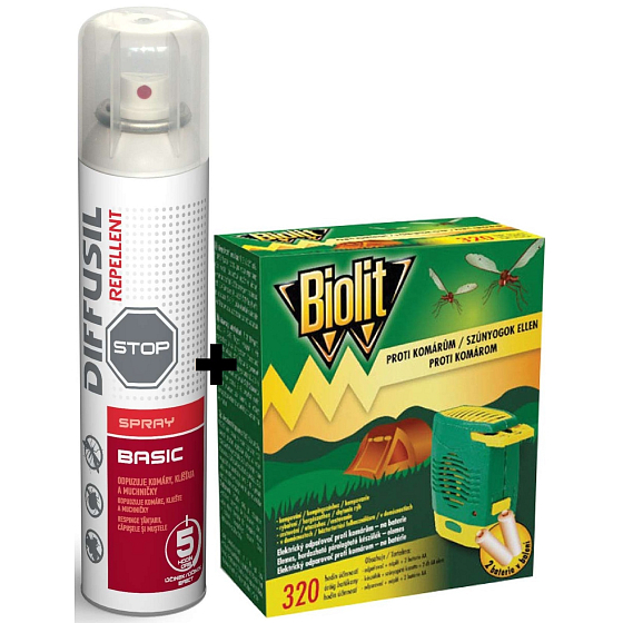 Diffusil Repellent Basic repelent na odpudzovanie komárov, kliešťov a mušiek sprej 200 ml + Biolit Proti komárom elektrický odparovač 1 kus + batérie 2 kusy