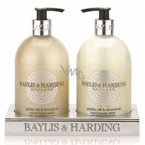 Baylis & Harding Jojoba, Hodváb a Mandľový olej tekuté mydlo dávkovač 500 ml + mlieko na ruky dávkovač 500 ml, kozmetická sada