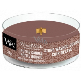 Woodwick Stone Washed Suede - sprané semiš vonná sviečka s dreveným knôtom petite 31 g