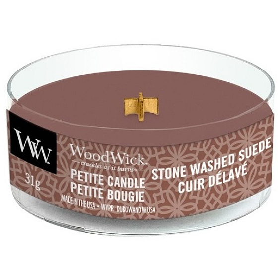 WoodWick Stone Washed Suede - Opraný semiš vonná sviečka s dreveným knôtom petite 31 g