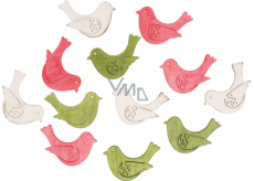 Drevené vtáčiky zeleno-ružovo-biele 4 cm 12 kusov