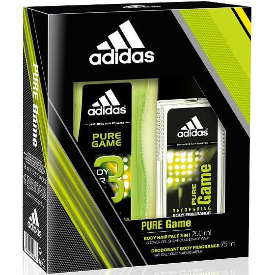 Adidas Pure Game parfumovaný deodorant sklo pre mužov 75 ml + sprchový gél 250 ml, kozmetická sada