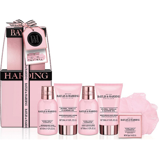 Baylis & Harding Jojoba, Vanilka a Mandľový olej umývací gél 100 ml + sprchový krém 100 ml + telové mlieko 50 ml + krém na ruky 50 ml + kryštáliky do kúpeľa 25 + žinka, kozmetická sada