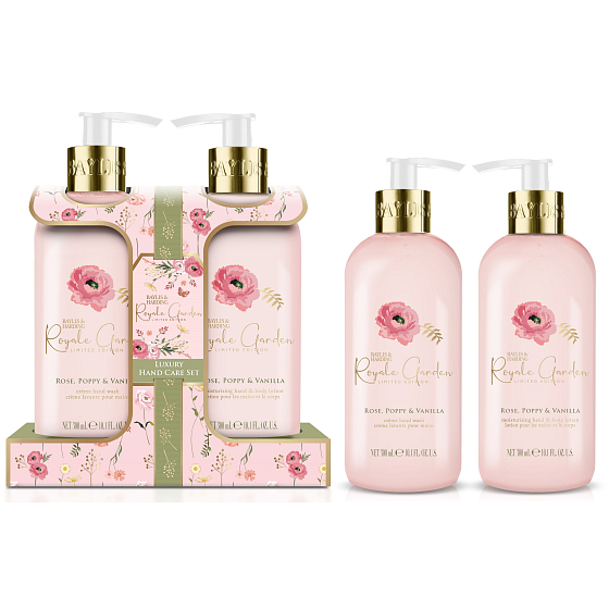 Baylis & Harding Rose, Poppy and Vanilla tekuté mydlo 300 ml + mlieko na ruky a telo 300 ml, kozmetická sada pre ženy