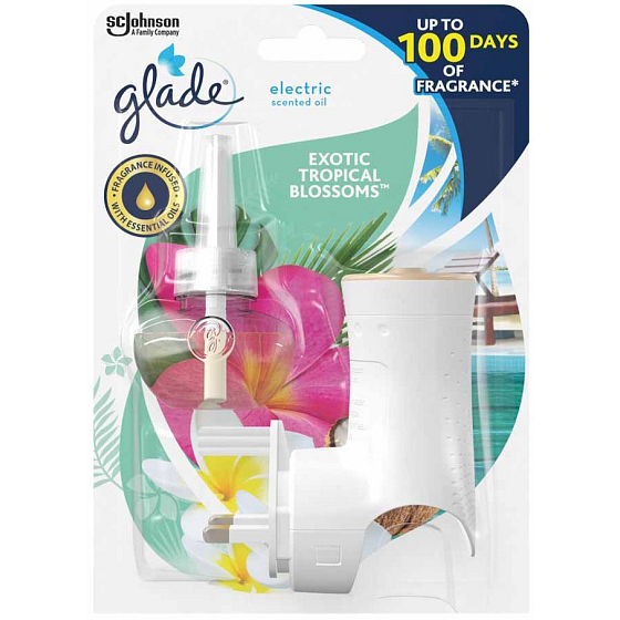 Elektrický osviežovač vzduchu s tekutou náplňou Glade Electric Scented Oil Exotic Tropical Blossoms s vôňou kvetov monoi a kokosového mlieka 20 ml