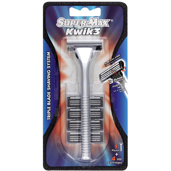 Super-Max Kwik3 jednorazový holiaci strojček s 3 čepeľami + 4 náhradné hlavy pre mužov