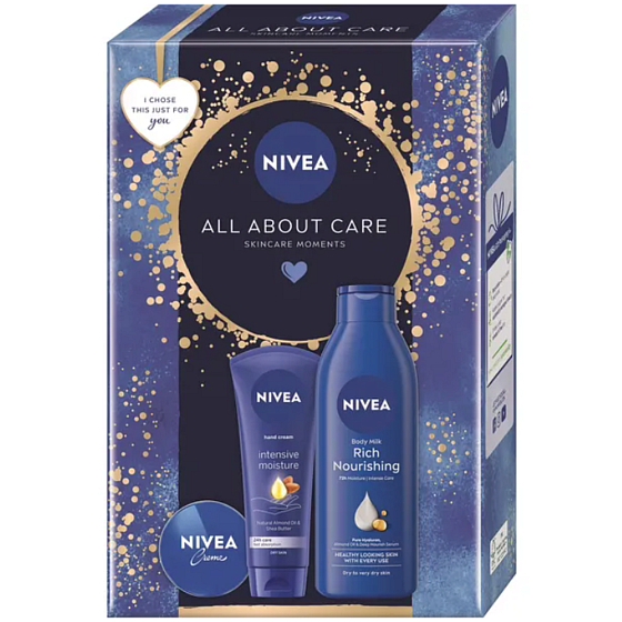 Nivea All about Care Intensive krém na ruky 75 ml + Nivea Rich Nourishing výživné telové mlieko 250 ml + Nivea Creme krém pre základnú starostlivosť 30 ml, kozmetická sada