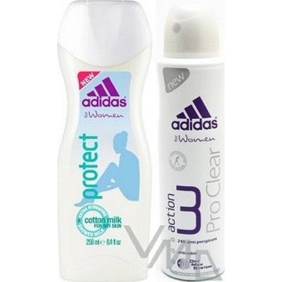 Adidas Protect sprchový gél 250 ml + Adidas Action 3 Pro Clear antiperspitant dezodorant sprej pre ženy 150 ml, kozmetická sada