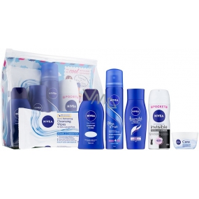 Nivea Cestovná sada pre ženy sprchový gél 50 ml + výživný krém 50 ml + antiperspirant Invisible 100 ml + lak na vlasy 75 ml + šampón Hairmilk 50 ml + obrúsky 7 kusov, kozmetická sada