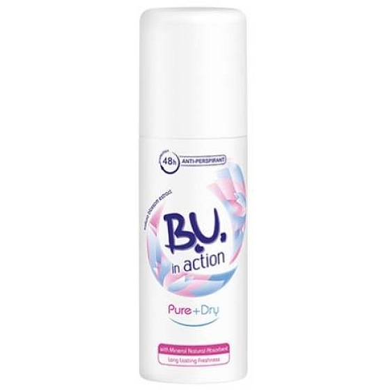 BU In Action Pure + Dry antiperspirant dezodorant sprej pre ženy mini 50 ml