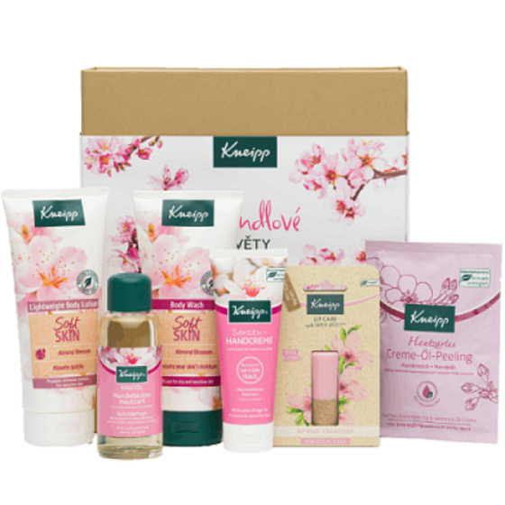 Kneipp Mandľové kvety sprchový gél 200 ml + telové mlieko 200 ml + telový peeling 40 ml + telový olej 100 ml + krém na ruky 75 ml + balzam na pery 4,7 g, kozmetická sada