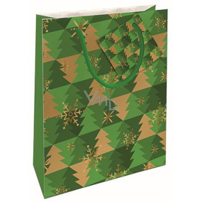 Nekupto Darčeková papierová taška 14 x 11 x 6,5 cm Vianočné stromčeky zelená
