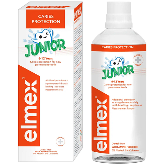 Elmex Junior ústní voda pro děti od 6 let, 400 ml, jemná ochrana zubů a dásní pro děti