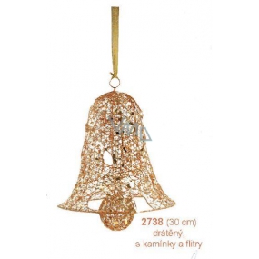 Zvon drôtený, zlatý s kamienkami a flitrami závesný 30 cm